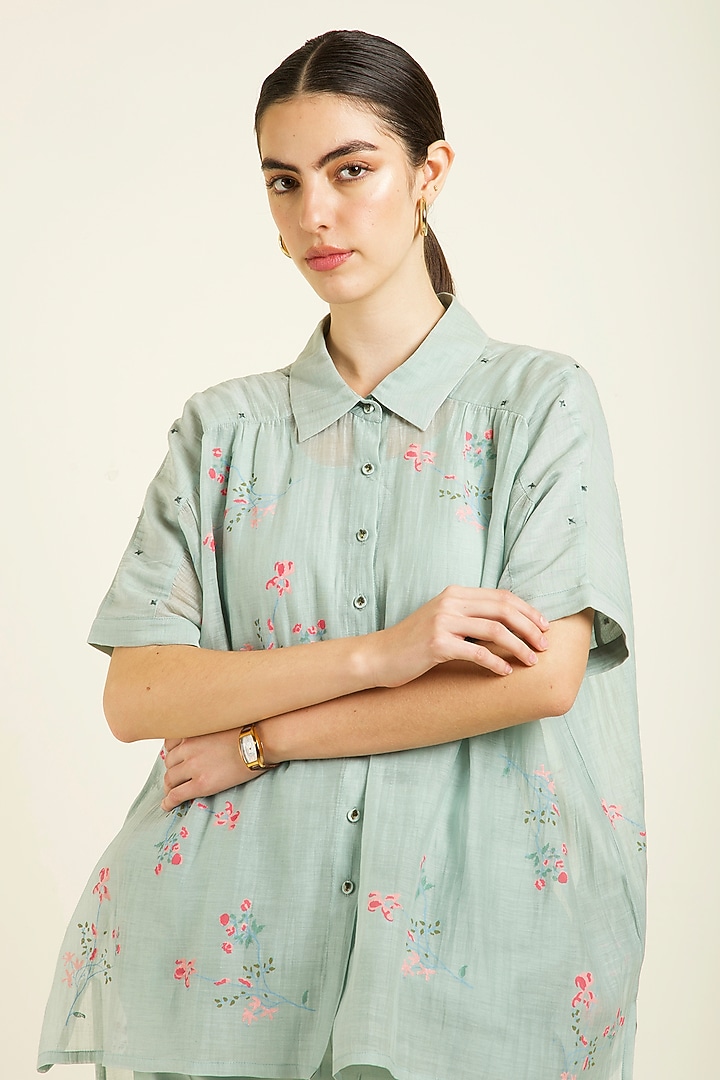 Mint Mul Chanderi Embroidered & Printed Co-Ord Set by Arcvsh by Pallavi Singh at Pernia's Pop Up Shop
