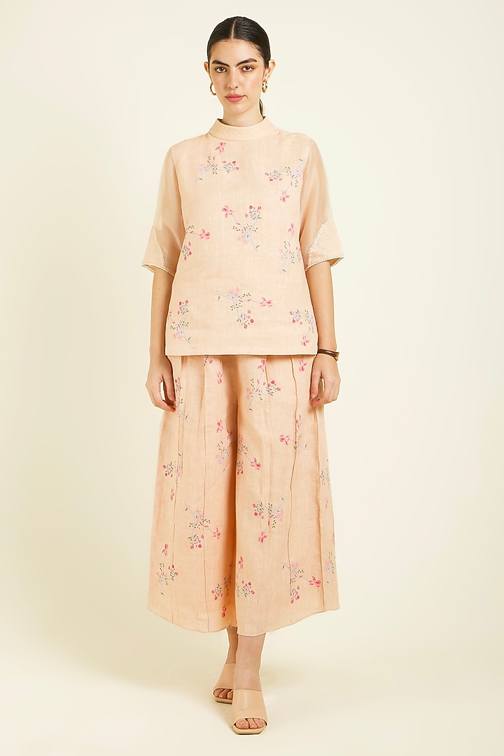 Old Rose Linen Embroidered & Printed Co-Ord Set by Arcvsh by Pallavi Singh at Pernia's Pop Up Shop