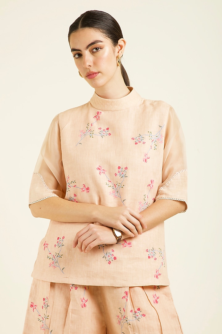 Old Rose Linen Embroidered & Printed Co-Ord Set by Arcvsh by Pallavi Singh at Pernia's Pop Up Shop