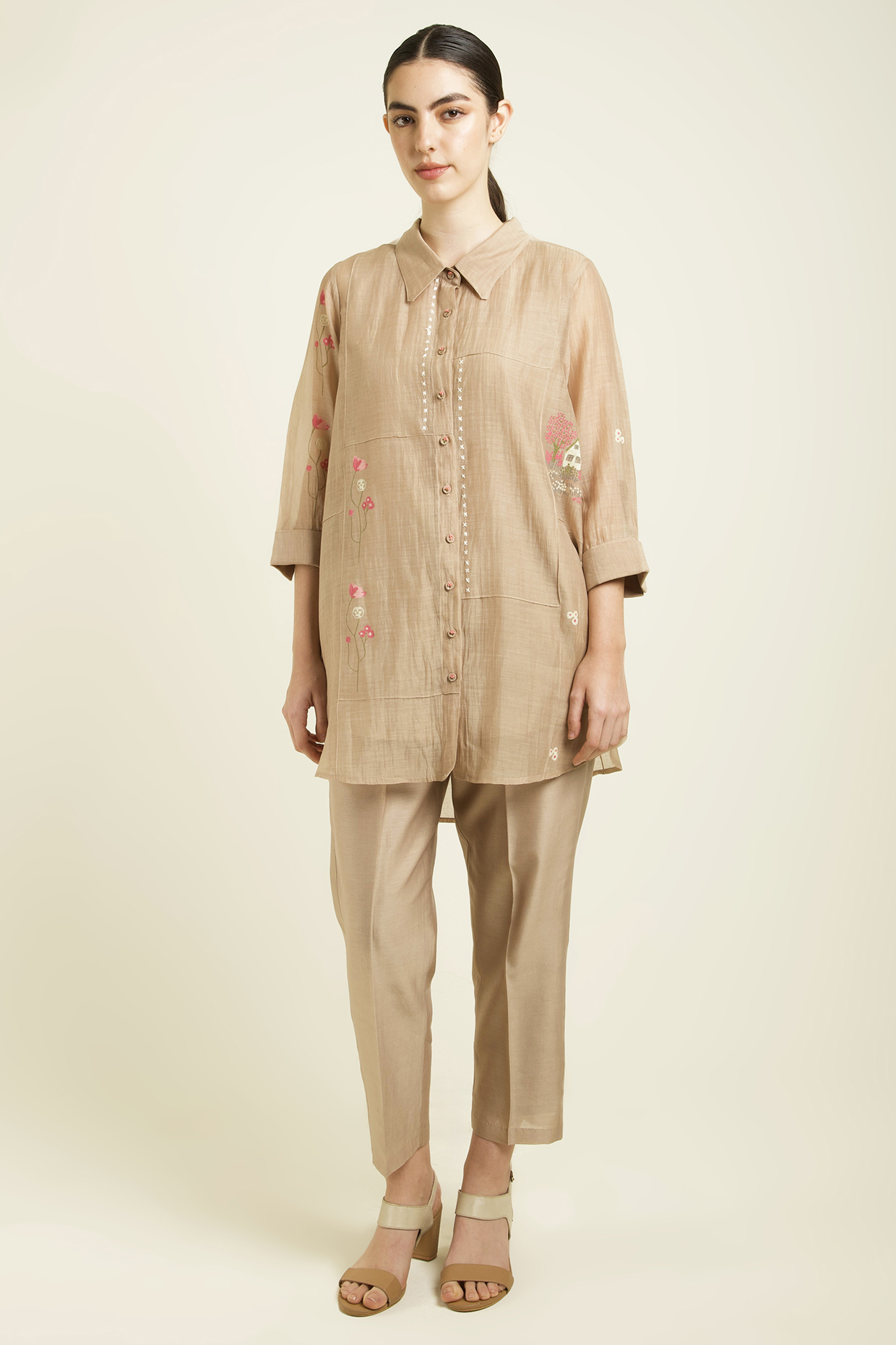 Beige Mul Chanderi Embroidered & Printed Co-Ord Set by Arcvsh by Pallavi Singh at Pernia's Pop Up Shop