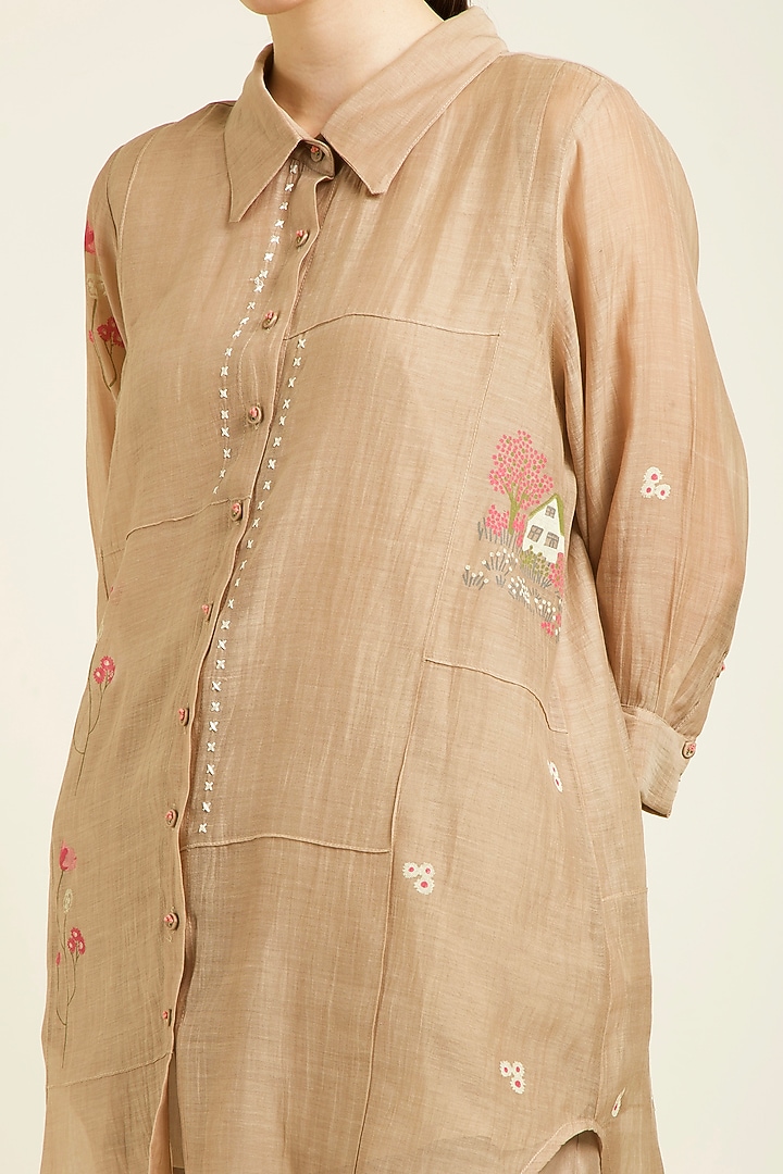 Beige Mul Chanderi Embroidered & Printed Co-Ord Set by Arcvsh by Pallavi Singh at Pernia's Pop Up Shop