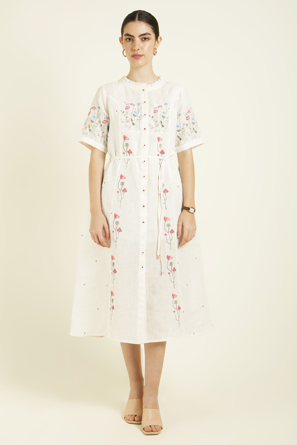 Ivory Linen Embroidered & Printed A-line Summer Dress by Arcvsh by Pallavi Singh at Pernia's Pop Up Shop