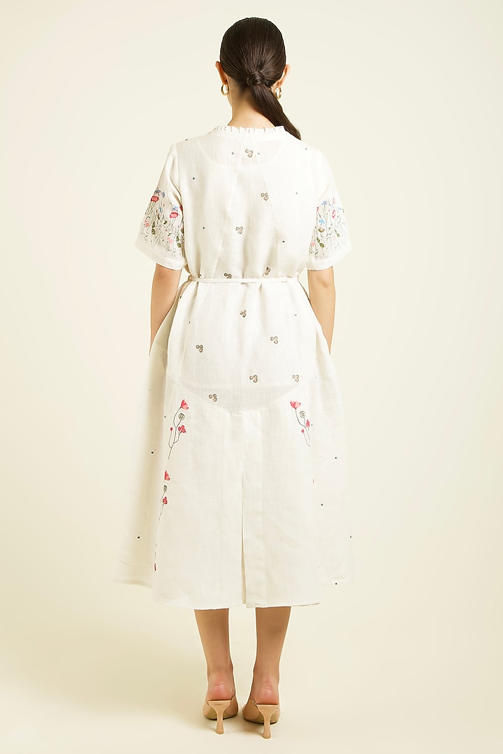 Ivory Linen Embroidered & Printed A-line Vacation Dress by Arcvsh by Pallavi Singh at Pernia's Pop Up Shop