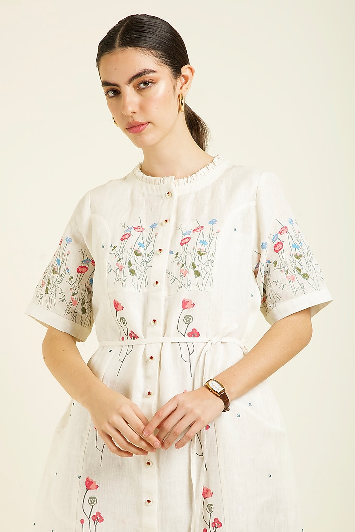 Ivory Linen Embroidered & Printed A-line Vacation Dress by Arcvsh by Pallavi Singh at Pernia's Pop Up Shop