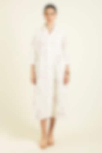 Ivory Linen Embroidered & Printed Gathered Vacation Shirt Dress by Arcvsh by Pallavi Singh at Pernia's Pop Up Shop