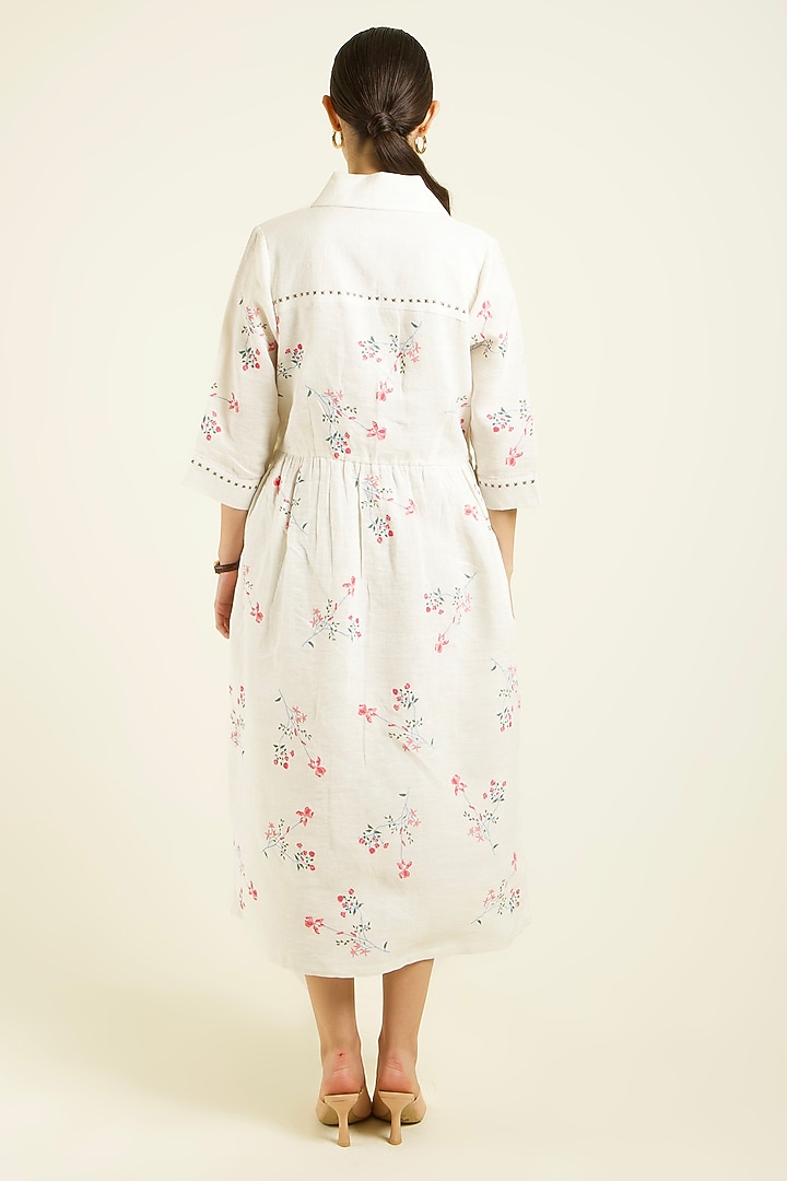 Ivory Linen Embroidered & Printed Gathered Vacation Shirt Dress by Arcvsh by Pallavi Singh at Pernia's Pop Up Shop