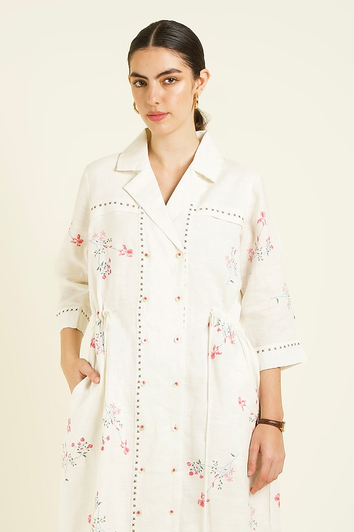 Ivory Linen Embroidered & Printed Gathered Vacation Shirt Dress by Arcvsh by Pallavi Singh at Pernia's Pop Up Shop