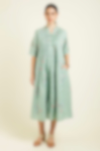 Mint Linen Embroidered & Printed Summer Dress by Arcvsh by Pallavi Singh at Pernia's Pop Up Shop