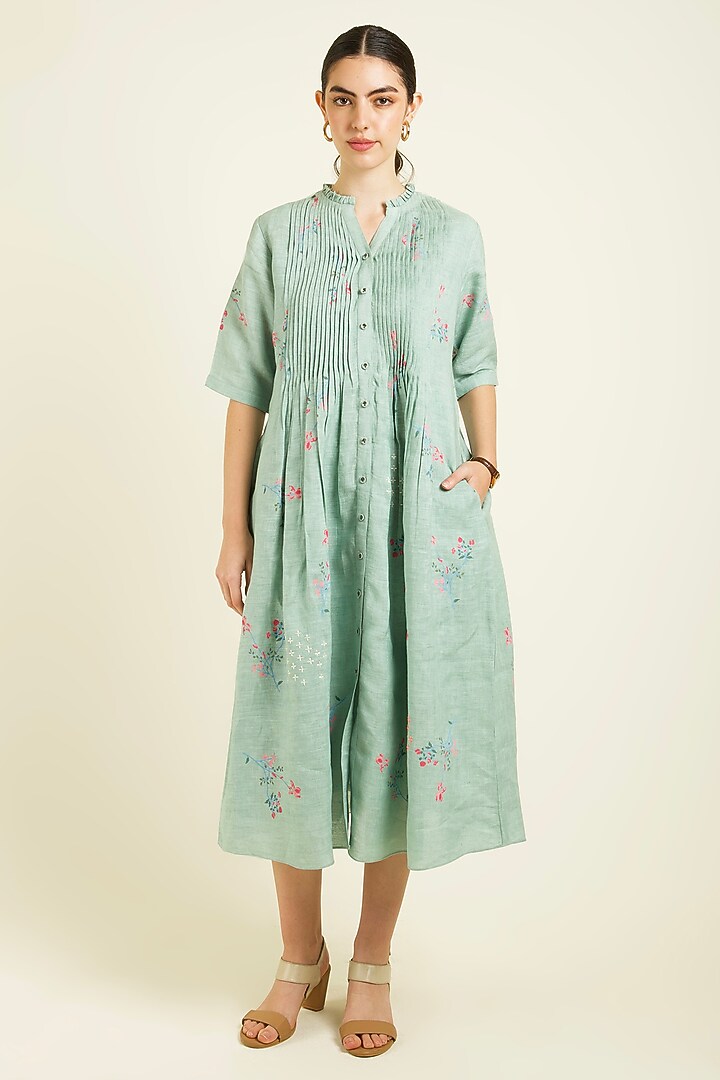 Mint Linen Embroidered & Printed Summer Dress by Arcvsh by Pallavi Singh at Pernia's Pop Up Shop