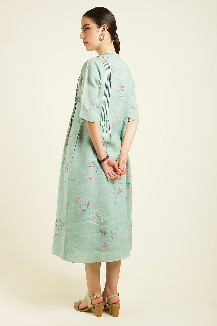 Mint Linen Embroidered & Printed Summer Dress by Arcvsh by Pallavi Singh at Pernia's Pop Up Shop