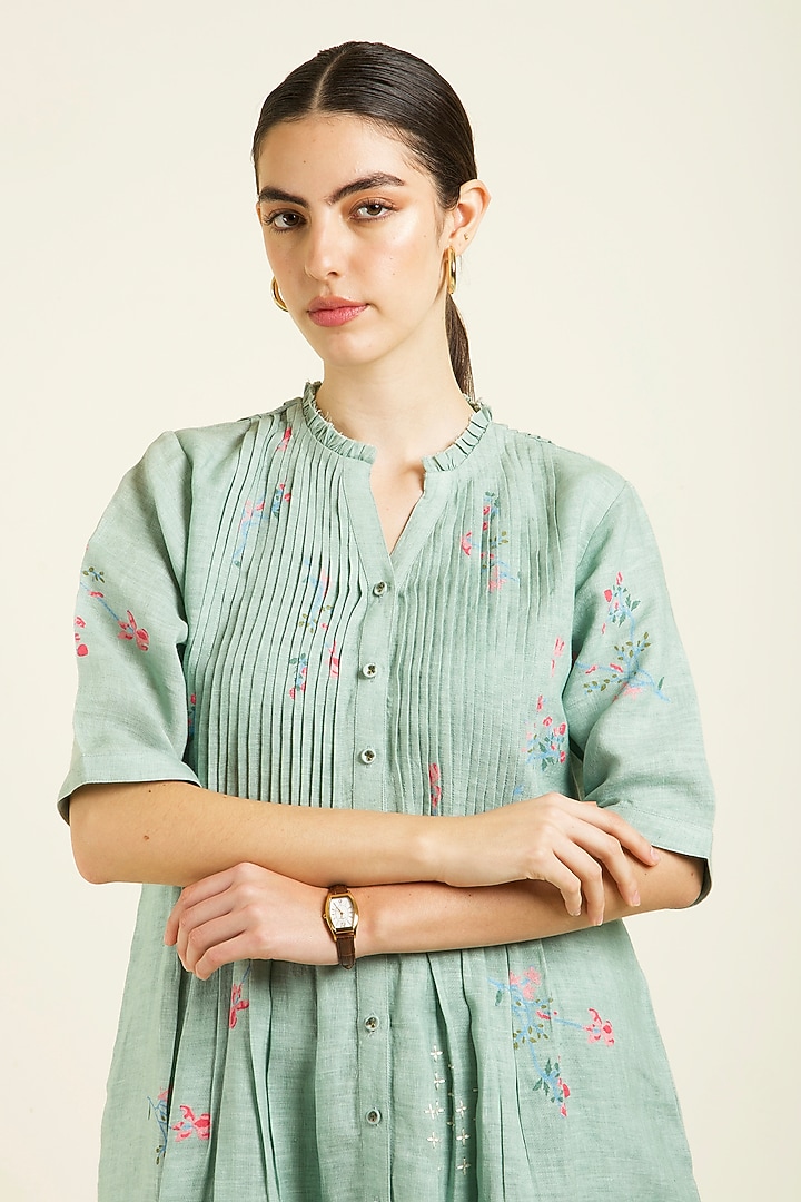 Mint Linen Embroidered & Printed Summer Dress by Arcvsh by Pallavi Singh at Pernia's Pop Up Shop