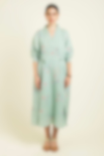 Mint Linen Embroidered & Printed Summer Dress by Arcvsh by Pallavi Singh at Pernia's Pop Up Shop