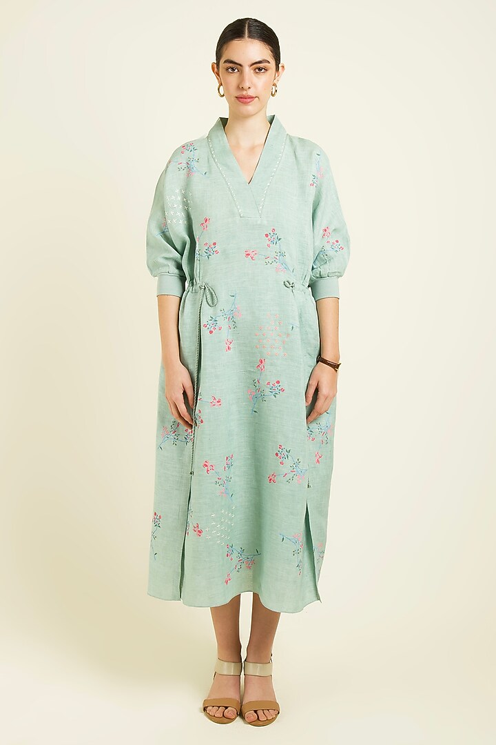 Mint Linen Embroidered & Printed Summer Dress by Arcvsh by Pallavi Singh at Pernia's Pop Up Shop
