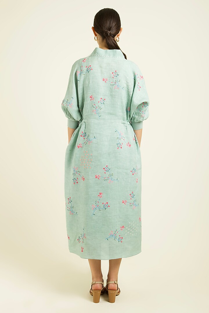 Mint Linen Embroidered & Printed Summer Dress by Arcvsh by Pallavi Singh at Pernia's Pop Up Shop