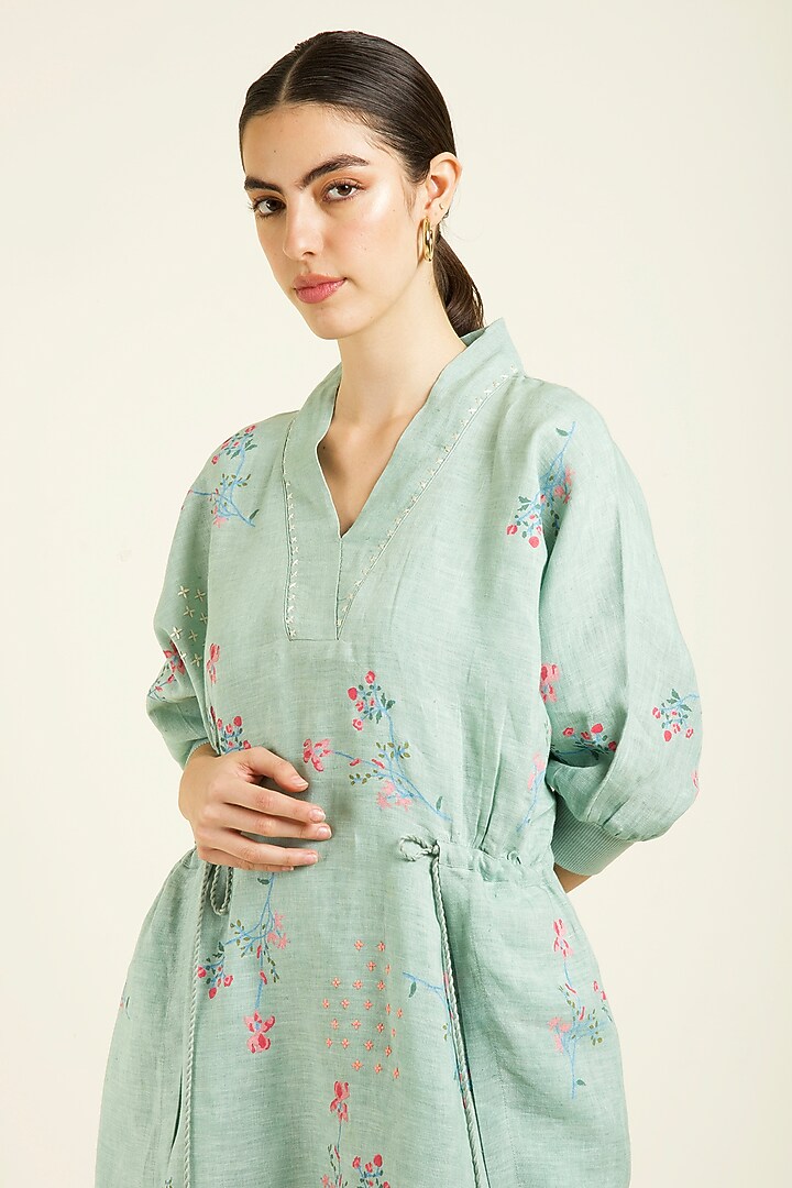 Mint Linen Embroidered & Printed Summer Dress by Arcvsh by Pallavi Singh at Pernia's Pop Up Shop