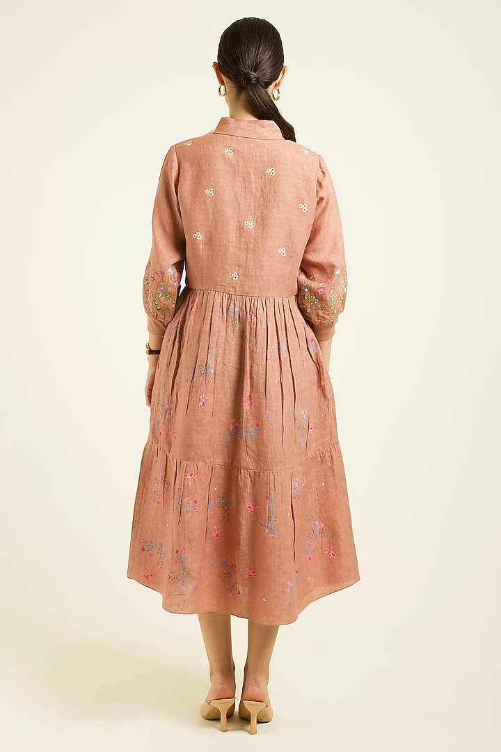 Almond Linen Embroidered & Printed Gathered Vacation Dress by Arcvsh by Pallavi Singh at Pernia's Pop Up Shop