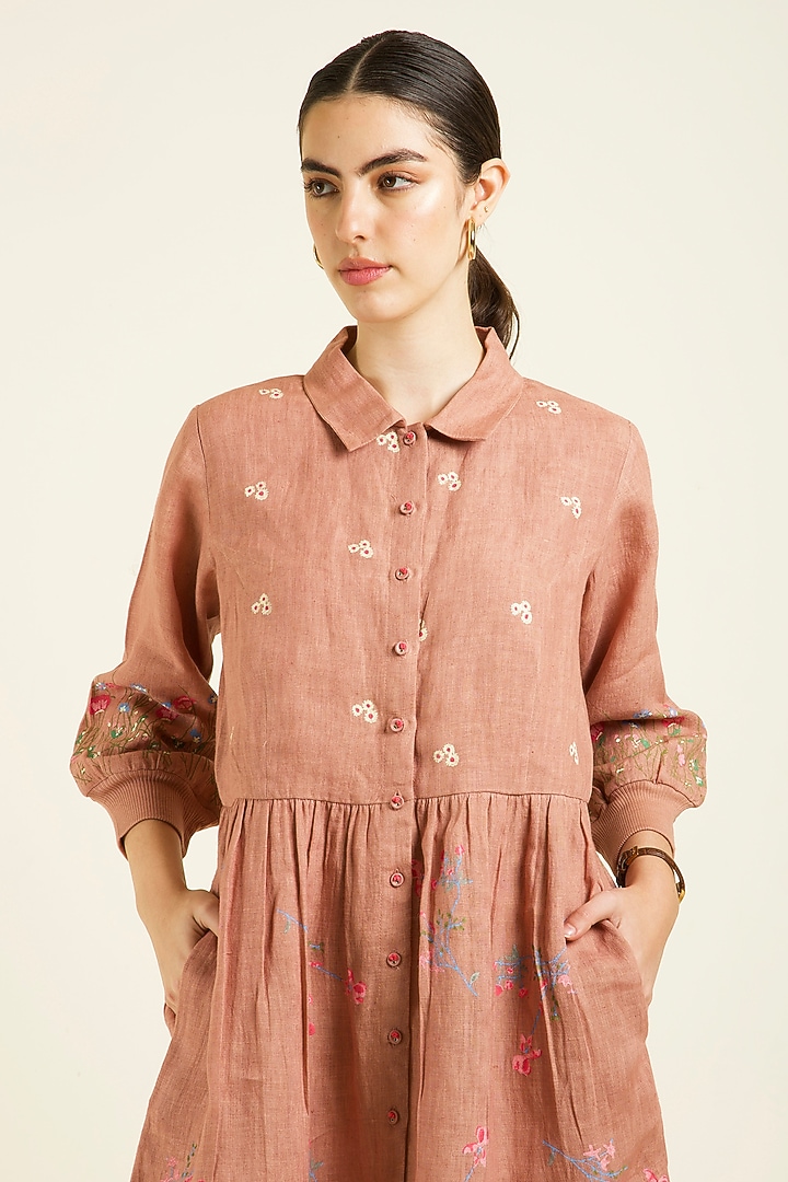 Almond Linen Embroidered & Printed Gathered Vacation Dress by Arcvsh by Pallavi Singh at Pernia's Pop Up Shop