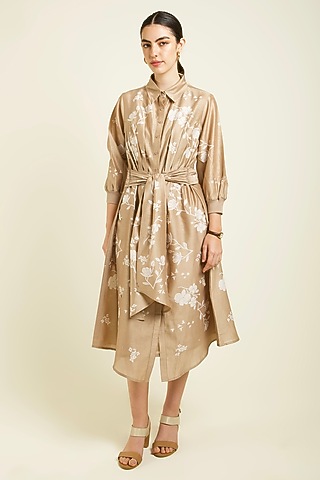 Beige Silk Chanderi Discharge Printed Tie-Up Dress by Arcvsh by Pallavi Singh