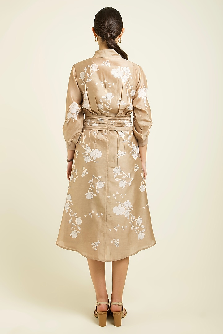 Beige Silk Chanderi Discharge Printed Tie-Up Vacation Dress by Arcvsh by Pallavi Singh at Pernia's Pop Up Shop