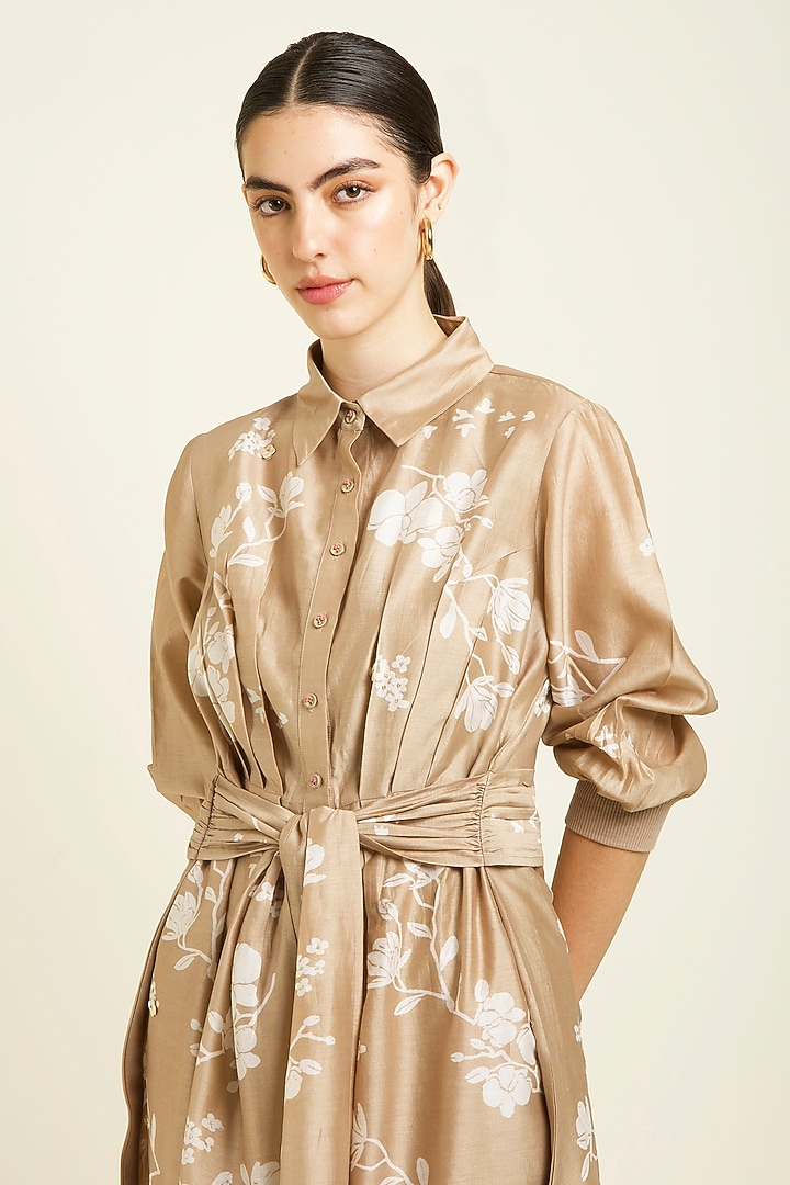 Beige Silk Chanderi Discharge Printed Tie-Up Vacation Dress by Arcvsh by Pallavi Singh at Pernia's Pop Up Shop