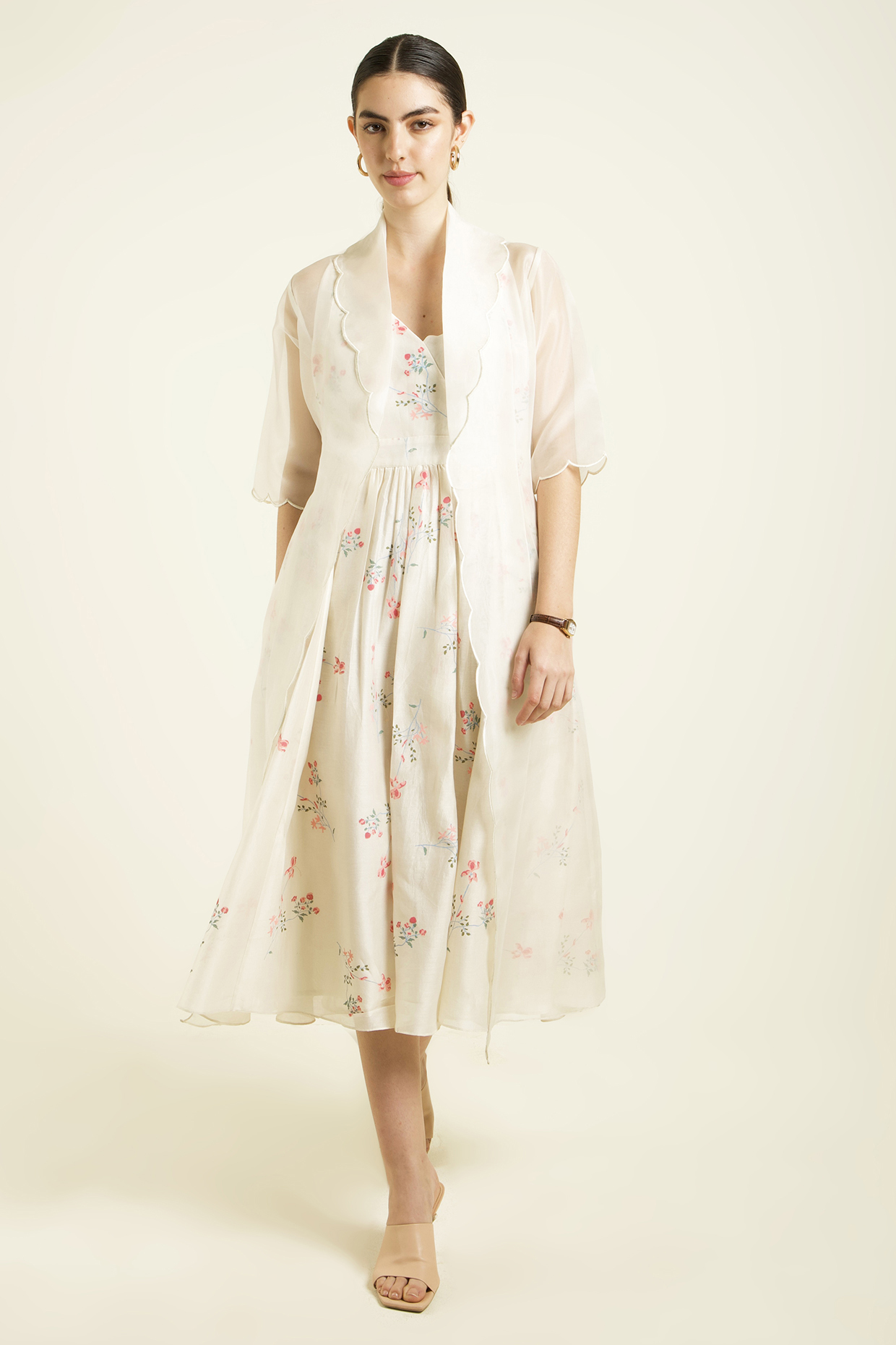Ivory Silk Chanderi Embroidered & Printed Jacket Vacation Dress With Belt by Arcvsh by Pallavi Singh at Pernia's Pop Up Shop