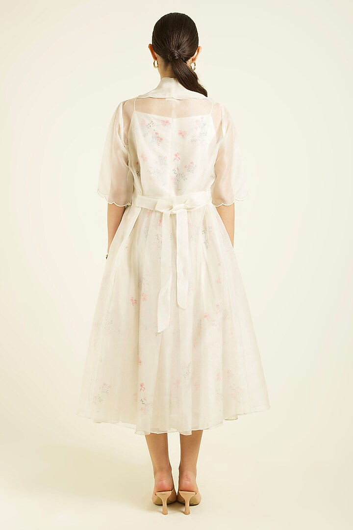 Ivory Silk Chanderi Embroidered & Printed Jacket Vacation Dress With Belt by Arcvsh by Pallavi Singh at Pernia's Pop Up Shop