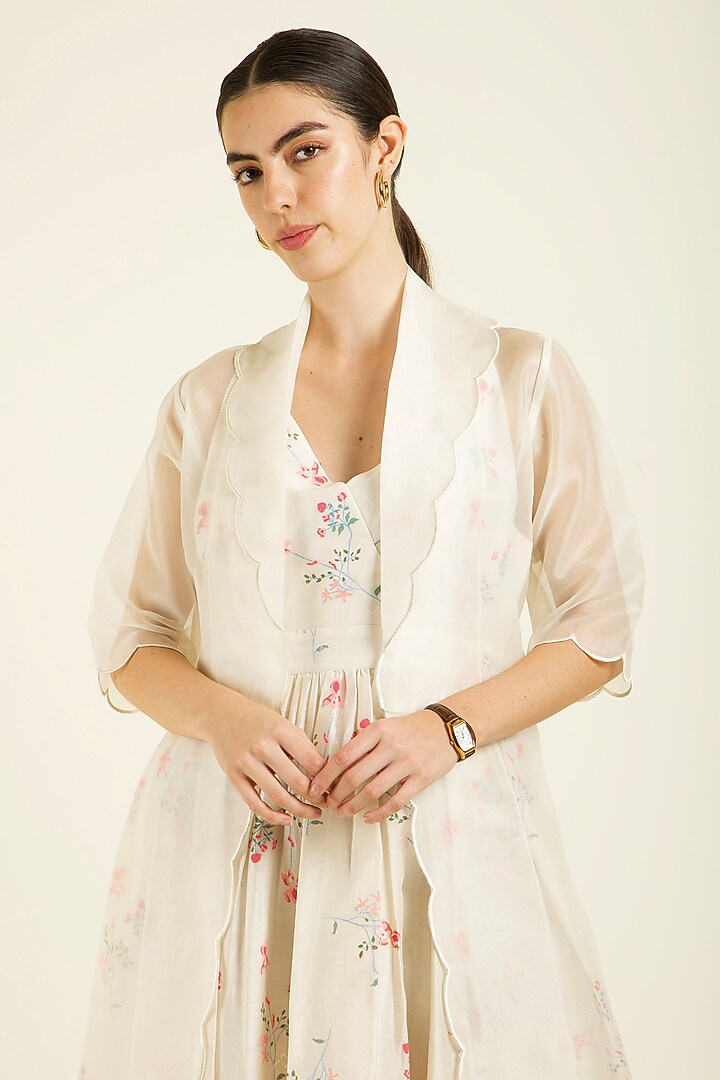 Ivory Silk Chanderi Embroidered & Printed Jacket Vacation Dress With Belt by Arcvsh by Pallavi Singh at Pernia's Pop Up Shop
