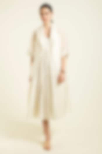 Ivory Stripe Chanderi Embroidered Jacket Vacation Dress With Belt by Arcvsh by Pallavi Singh at Pernia's Pop Up Shop