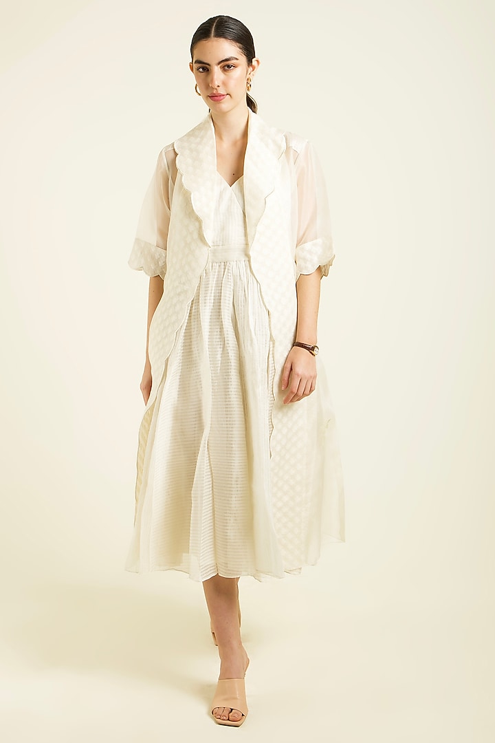 Ivory Stripe Chanderi Embroidered Jacket Vacation Dress With Belt by Arcvsh by Pallavi Singh at Pernia's Pop Up Shop