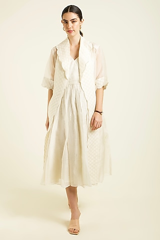 Ivory Stripe Chanderi Embroidered Jacket Dress With Belt by Arcvsh by Pallavi Singh