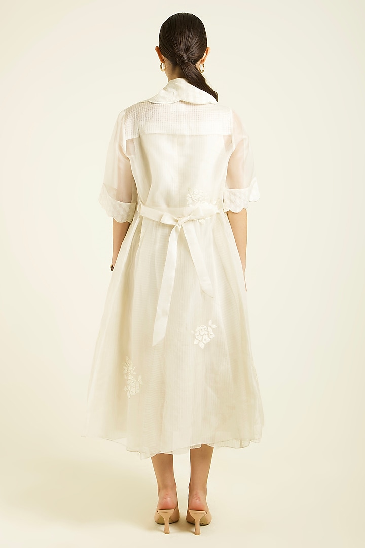 Ivory Stripe Chanderi Embroidered Jacket Vacation Dress With Belt by Arcvsh by Pallavi Singh at Pernia's Pop Up Shop