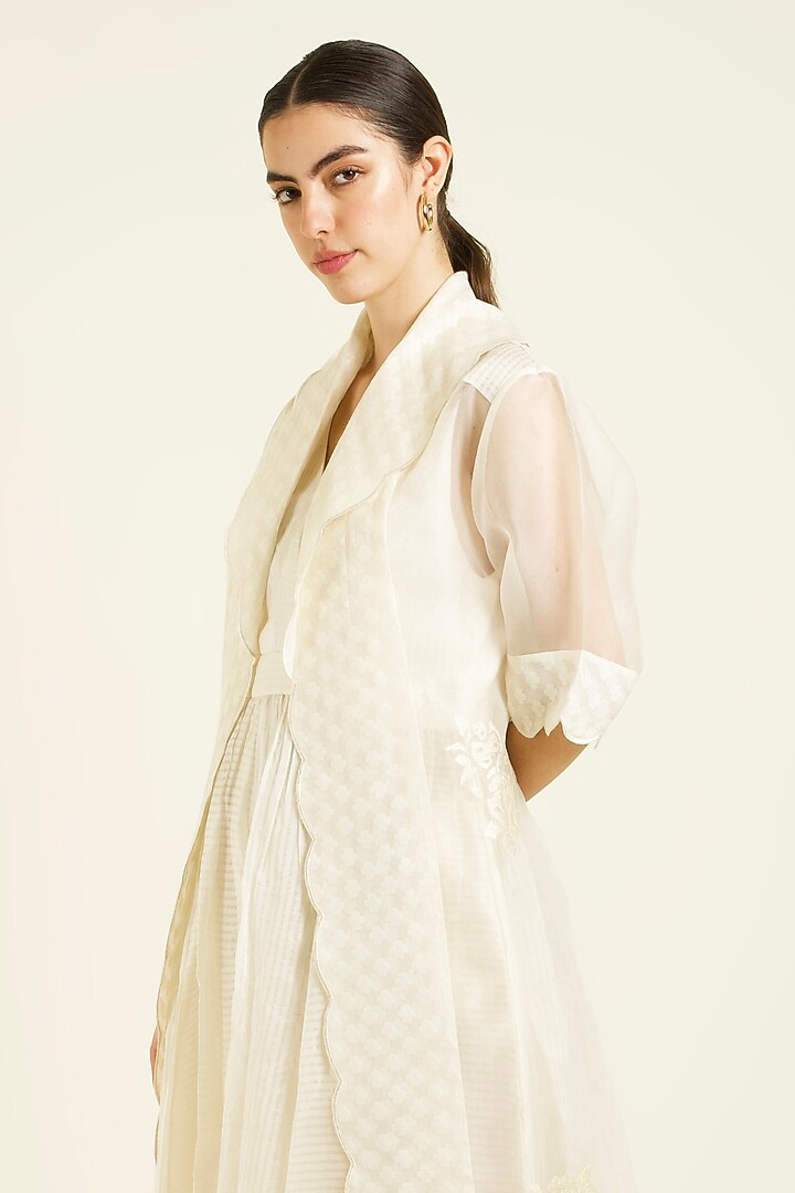 Ivory Stripe Chanderi Embroidered Jacket Vacation Dress With Belt by Arcvsh by Pallavi Singh at Pernia's Pop Up Shop