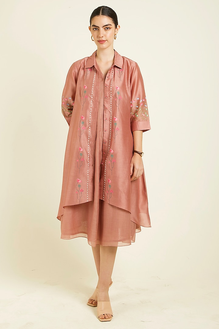 Almond Silk Chanderi Embroidered & Printed Jacket Vacation Dress by Arcvsh by Pallavi Singh at Pernia's Pop Up Shop