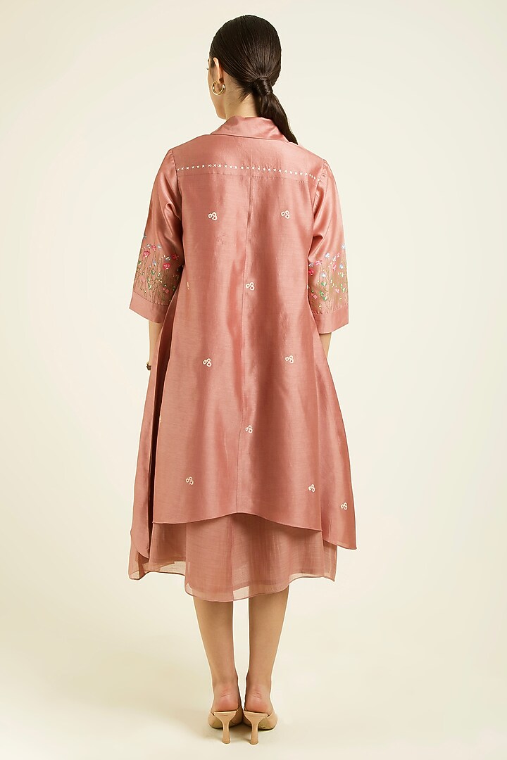Almond Silk Chanderi Embroidered & Printed Jacket Vacation Dress by Arcvsh by Pallavi Singh at Pernia's Pop Up Shop