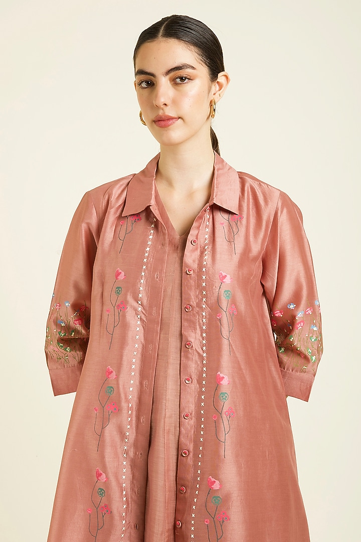 Almond Silk Chanderi Embroidered & Printed Jacket Vacation Dress by Arcvsh by Pallavi Singh at Pernia's Pop Up Shop