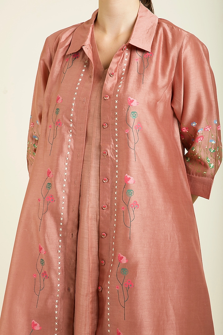 Almond Silk Chanderi Embroidered & Printed Jacket Vacation Dress by Arcvsh by Pallavi Singh at Pernia's Pop Up Shop