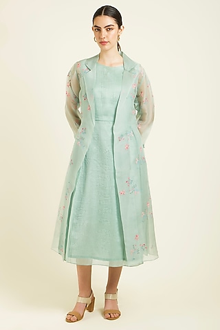 Mint Organza Handblock Printed Jacket Dress by Arcvsh by Pallavi Singh