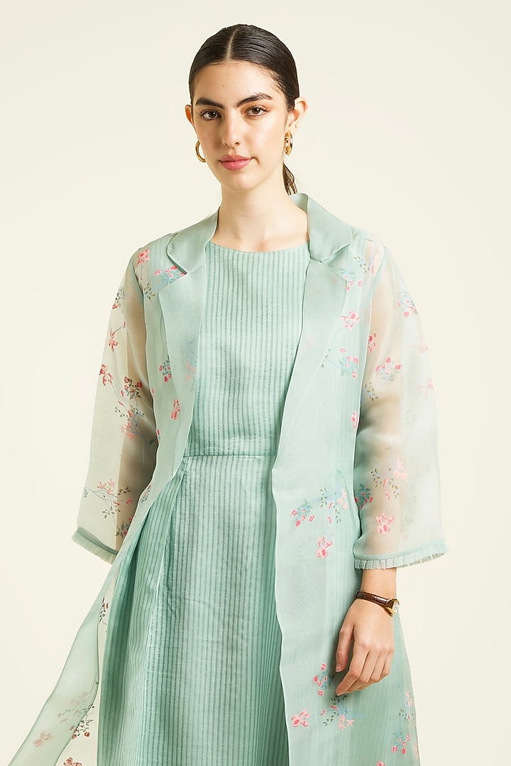 Mint Organza Handblock Printed Jacket Vacation Dress by Arcvsh by Pallavi Singh at Pernia's Pop Up Shop