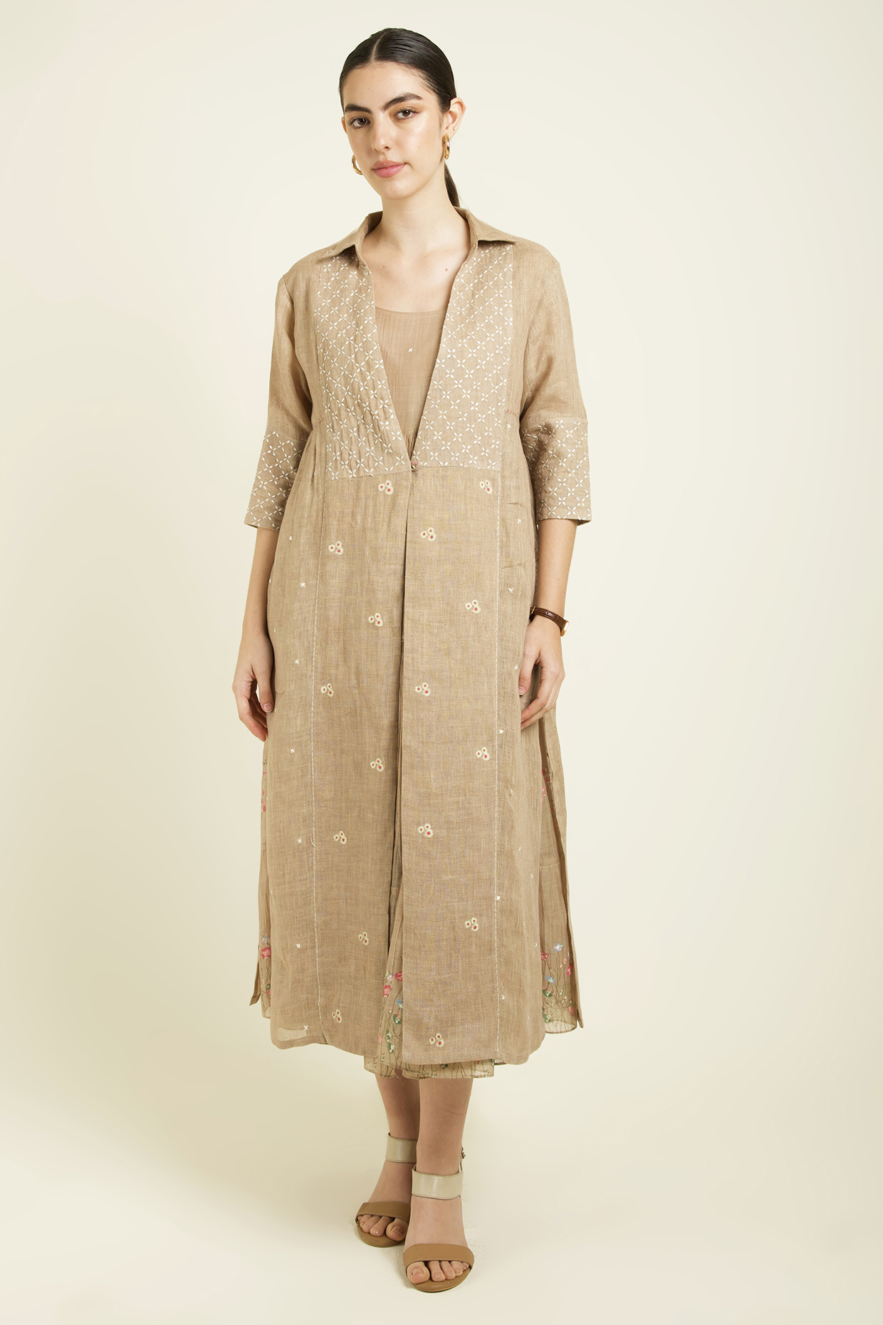 Beige Gauze Linen Embroidered & Printed Jacket Vacation Dress by Arcvsh by Pallavi Singh at Pernia's Pop Up Shop