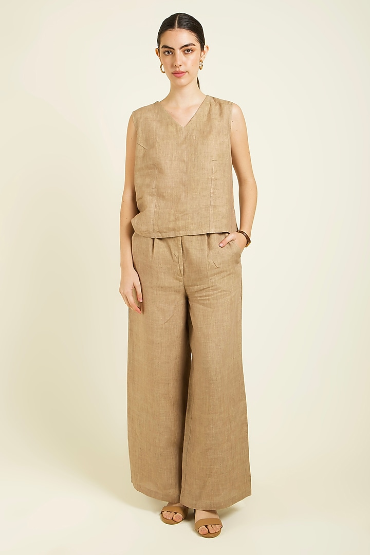 Beige Linen Handblock Printed Jacket Set by Arcvsh by Pallavi Singh at Pernia's Pop Up Shop