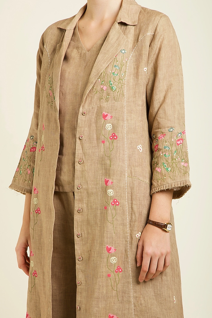 Beige Linen Handblock Printed Jacket Set by Arcvsh by Pallavi Singh at Pernia's Pop Up Shop