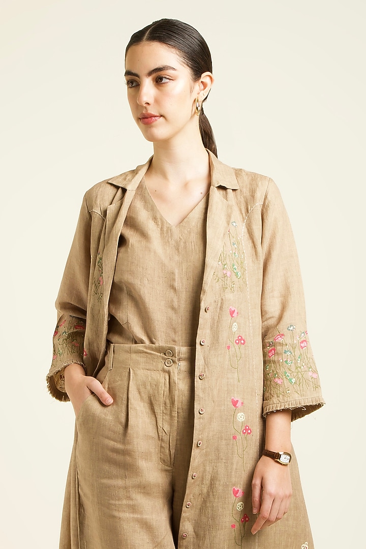 Beige Linen Handblock Printed Jacket Set by Arcvsh by Pallavi Singh at Pernia's Pop Up Shop