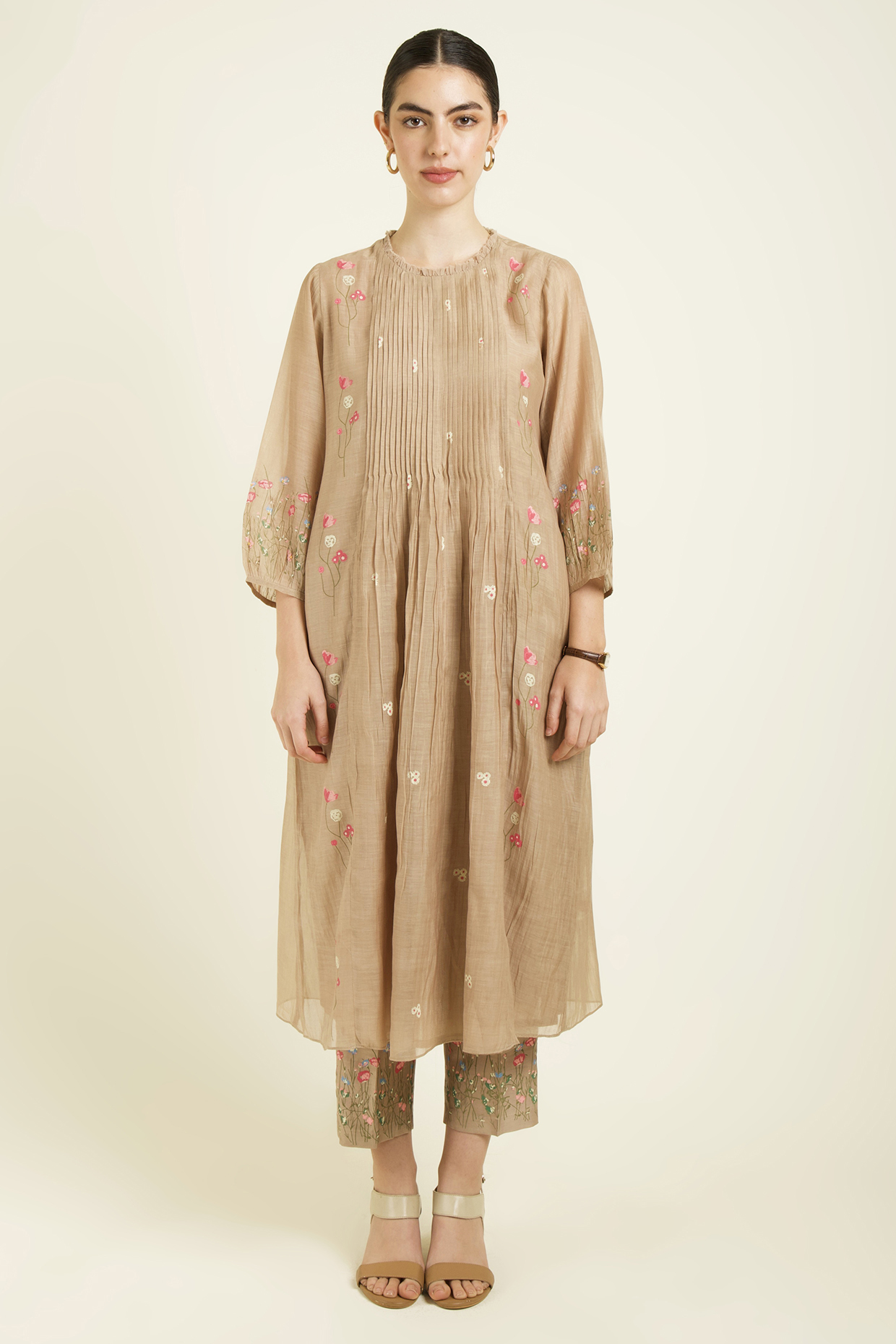 Beige Mul Chanderi Handblock Printed Tunic Set by Arcvsh by Pallavi Singh at Pernia's Pop Up Shop