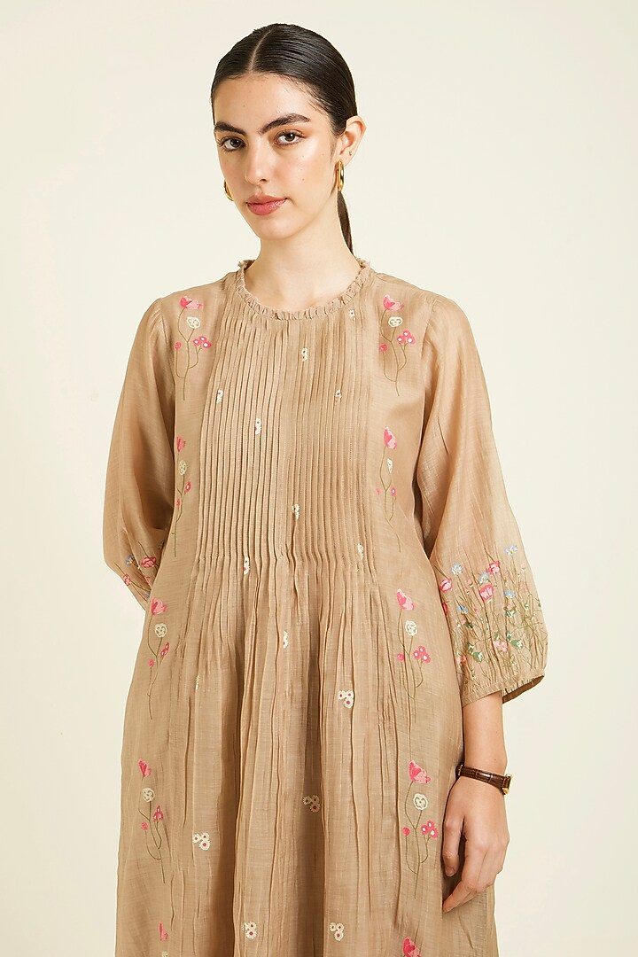 Beige Mul Chanderi Handblock Printed Tunic Set by Arcvsh by Pallavi Singh at Pernia's Pop Up Shop