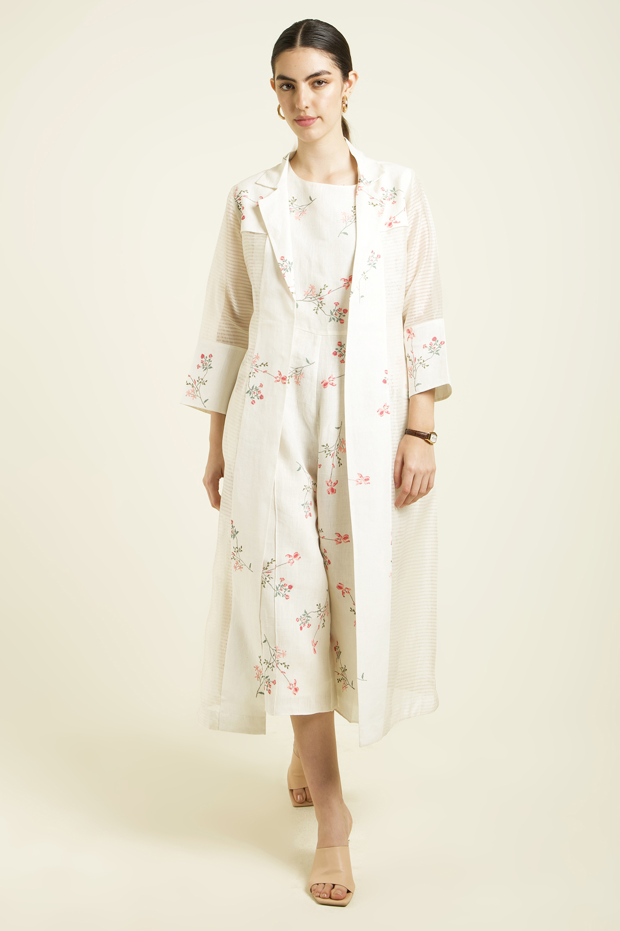 Ivory Stripe Organza Jacket With Jumpsuit by Arcvsh by Pallavi Singh at Pernia's Pop Up Shop