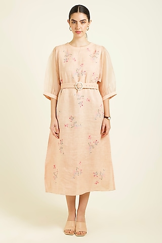 Old Rose Linen Hand Block Printed A-line Dress With Belt by Arcvsh by Pallavi Singh