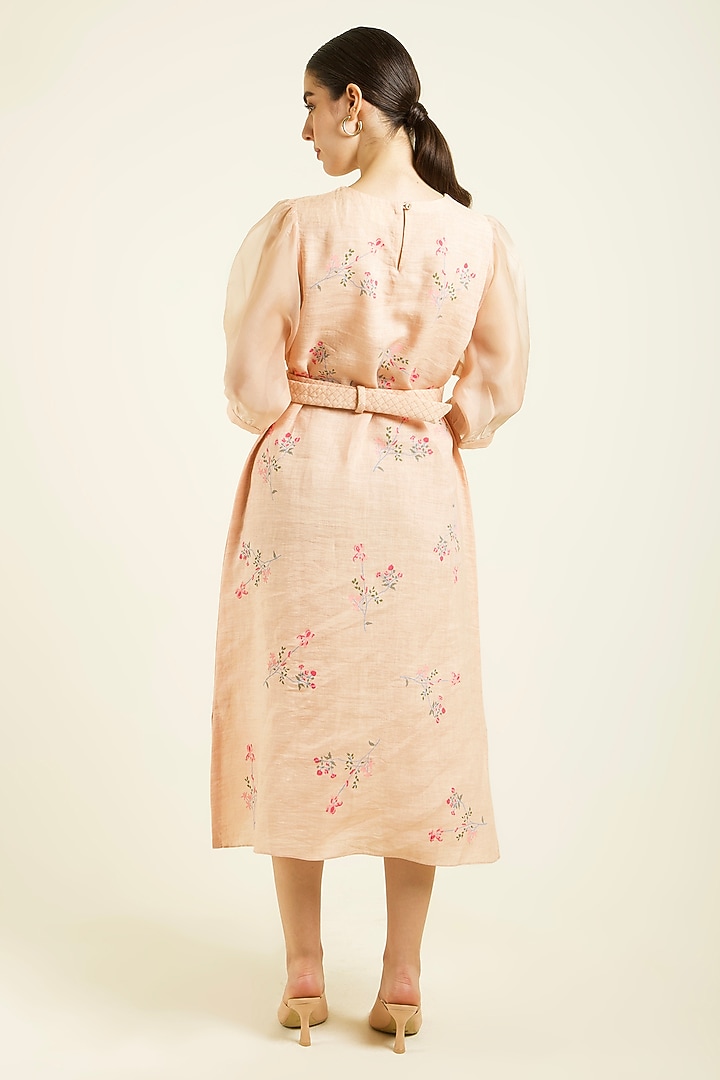 Old Rose Linen Hand Block Printed A-line Summer Dress With Belt by Arcvsh by Pallavi Singh at Pernia's Pop Up Shop