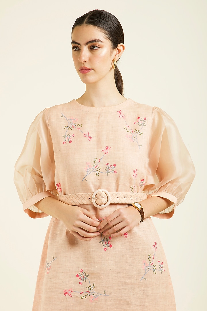 Old Rose Linen Hand Block Printed A-line Summer Dress With Belt by Arcvsh by Pallavi Singh at Pernia's Pop Up Shop