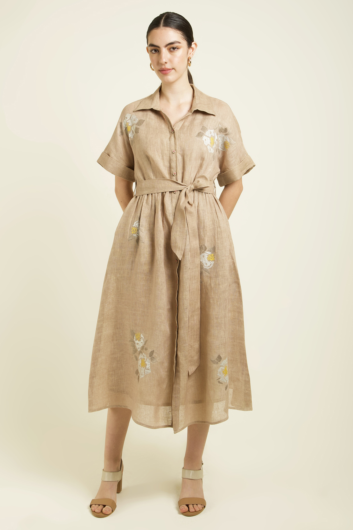 Beige Gauze Linen Machine Embroidered Vacation Dress With Belt by Arcvsh by Pallavi Singh at Pernia's Pop Up Shop