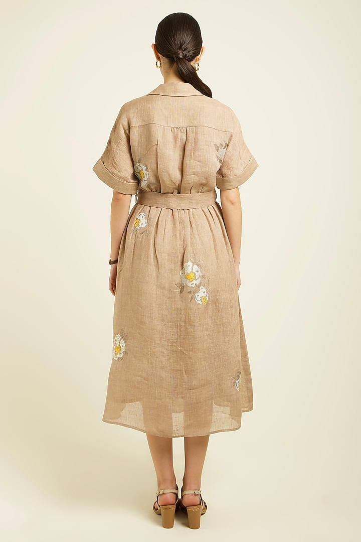Beige Gauze Linen Machine Embroidered Vacation Dress With Belt by Arcvsh by Pallavi Singh at Pernia's Pop Up Shop